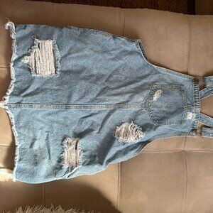 Distressed Medium Wash Denim Overall Dress